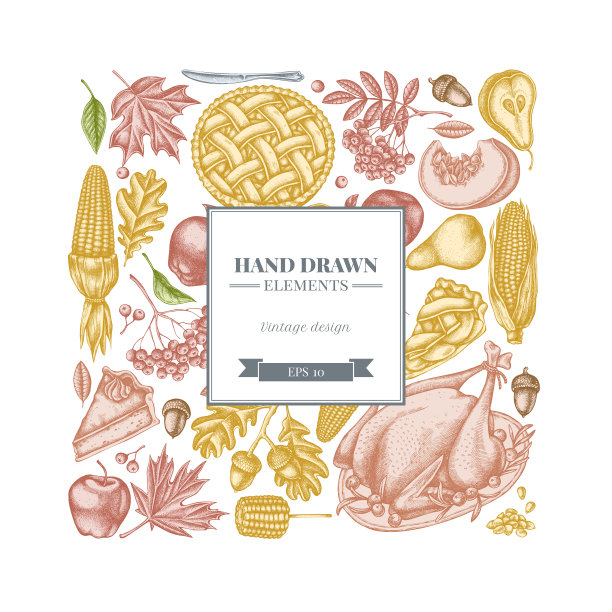 方形设计用蜡笔南瓜，叉子，刀，梨，火鸡，南瓜派，苹果派，玉米，苹果，花楸，枫木，橡木图片下载