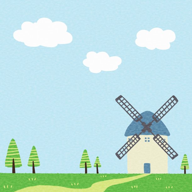 蓝天和蓝色屋顶的风车图片下载