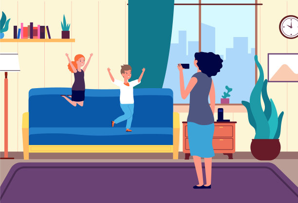 快乐的孩子跳隔离期呆在家里图片下载