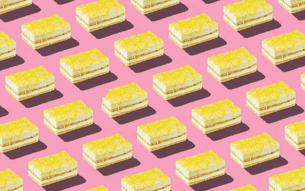 时尚的无缝食物模式-多层海绵蛋糕在柔和的背景，最小的食物等距概念纹理。图片下载