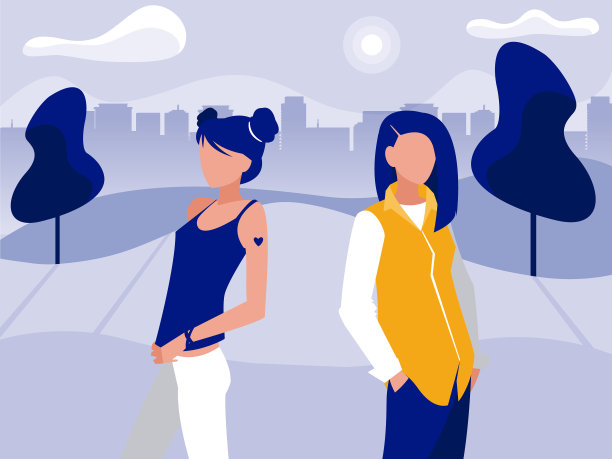 在城市建筑前的公园里有女性角色图片下载