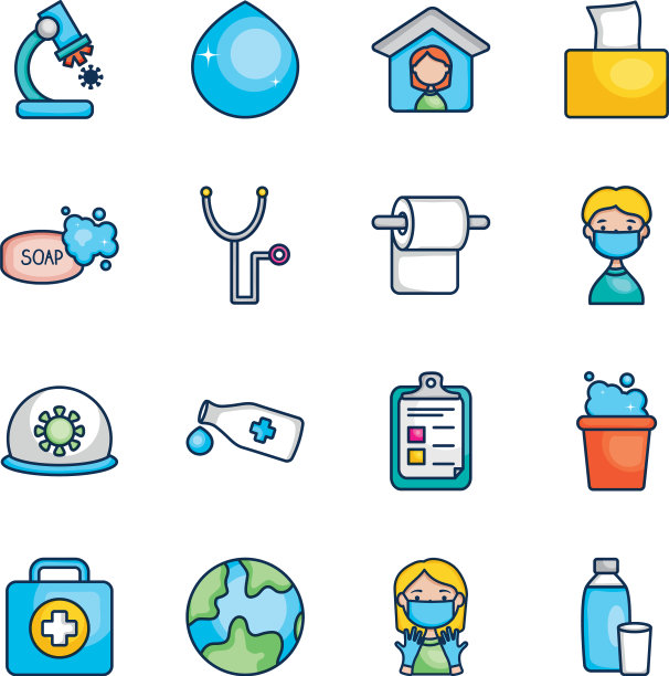 医用听诊器和病毒图标设置线颜色图片下载