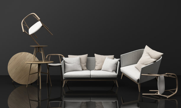 许多椅子和咖啡桌木质纹理与沙发面料在黑色色调的背景。三维渲染图片下载