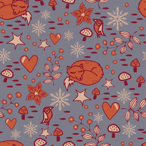 无缝矢量模式与狐狸和鸟在蓝色的背景。圣诞森林墙纸设计。冬季花卉时尚纺织品。图片下载