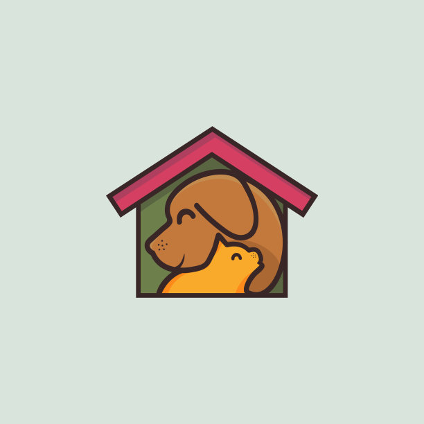 宠物家的标志。可爱的狗和猫宠物在家向量图片下载