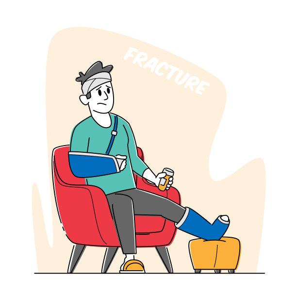 受伤的病人男子，腿，头和手臂有限制，拿着装有药丸的瓶子坐在家里或医院的扶手椅上图片下载