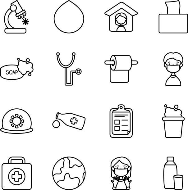 医用听诊器和病毒图标设置线条样式图片下载