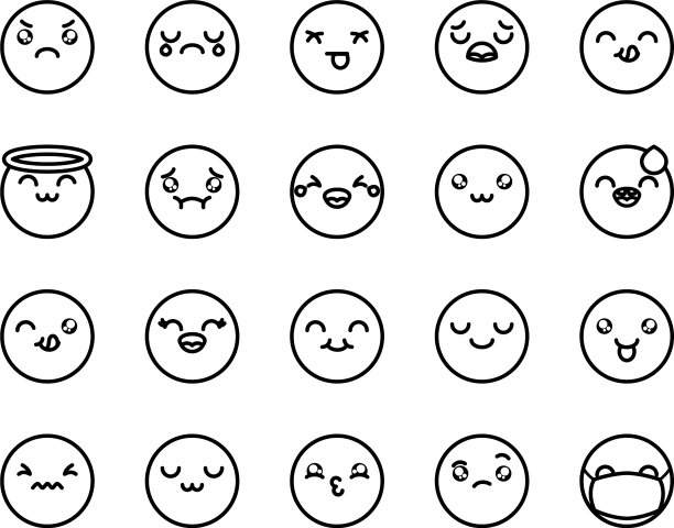 天使表情符号和表情符号脸图标设置线条风格图片下载