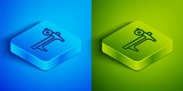 等距线长凳与须状图标隔离在蓝色和绿色的背景。健身器材。健身、举重、健身理念。方形按钮。向量图片下载