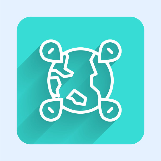 白线地球仪图标上的位置，与长阴影隔离。世界或土相星座。绿色广场按钮。向量图片下载