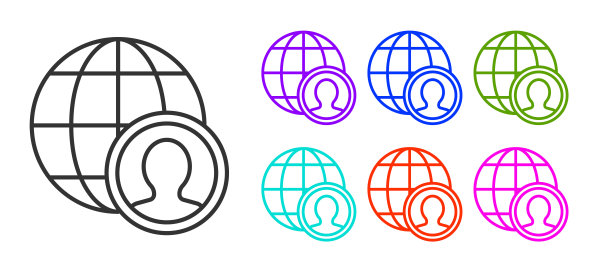 黑线Globe和人物图标孤立在白色背景上。全球商业的象征。社交网络图标。设置图标丰富多彩。向量图片下载