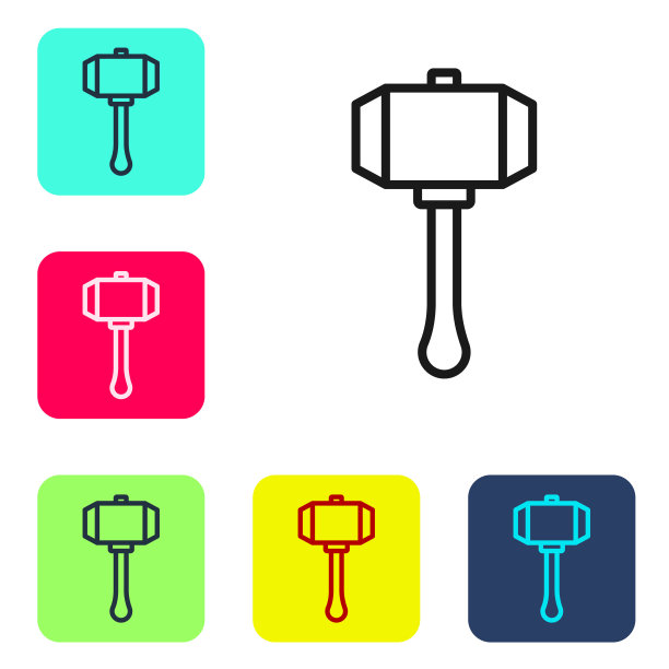 黑线锤图标孤立在白色背景。修复的工具。设置图标的颜色方形按钮。向量图片下载