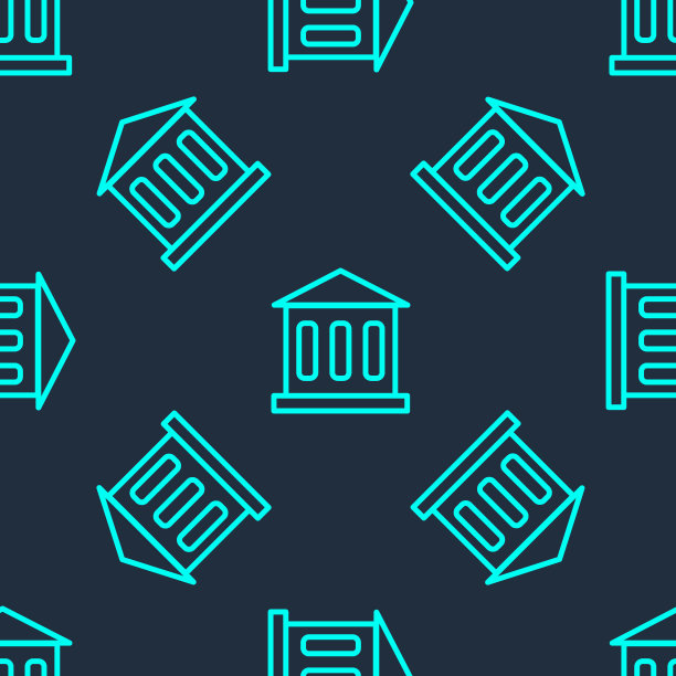 绿线银行建筑图标隔离无缝模式上的蓝色背景。向量图片下载