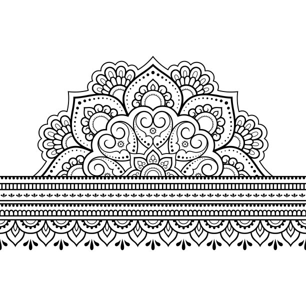 无缝边界曼陀罗设计，应用指甲花，曼海迪和纹身。装饰图案在民族东方，印度风格。涂鸦装饰。大纲手绘矢量插图。图片下载