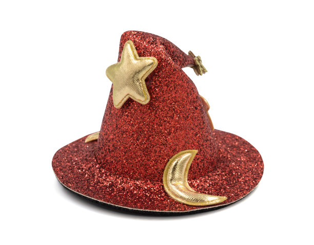 闪闪发光的橙色圆锥巫师帽与月亮和星星图片下载