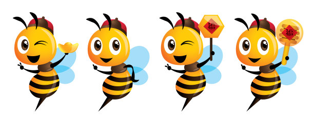 中国新年蜂集。卡通可爱的蜜蜂指向。可爱的蜜蜂抱着蜂窝。可爱的蜜蜂抱着花蜜勺与对联。翻译:幸运图片下载