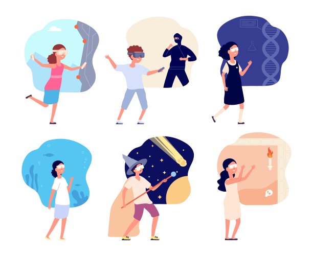 虚拟现实世界。儿童VR眼镜，儿童在增强空间中玩耍和学习。旅行，游戏和教育视频节目向量集图片下载