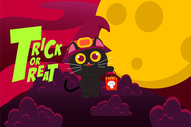 在满月之夜，可爱的黑猫背着一个带有骷髅头的万圣节包，还戴着一顶女巫帽图片下载