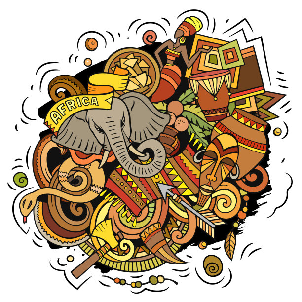 非洲手绘卡通涂鸦插画。有趣的设计。图片下载