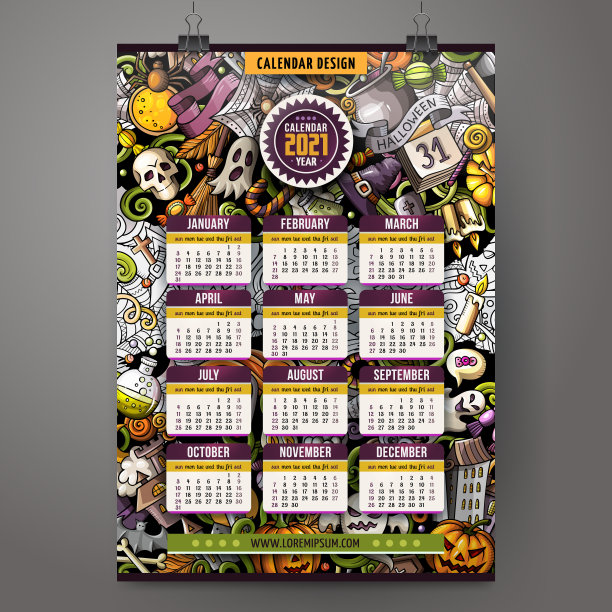 卡通涂鸦万圣节2021年日历模板。英语,周日开始图片下载