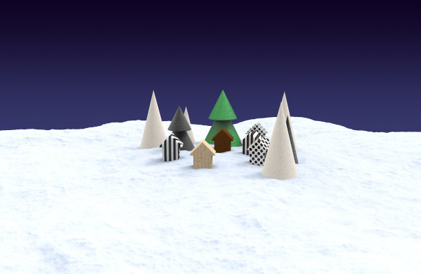 几何形状的小村庄，简单的树木在夜晚被雪景掩埋。图片下载