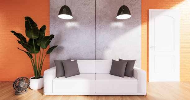 橙色阁楼房间，沙发和植物装饰木地板。三维渲染图片下载