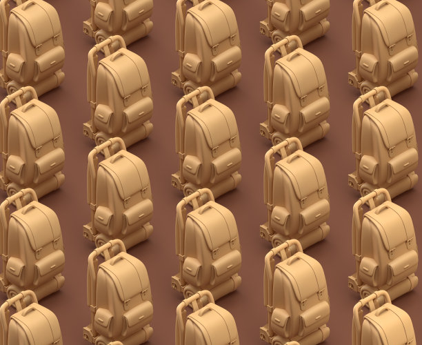 多个背包作为网格阵列。等距露营对象和场景，单色黄色露营设备在棕色背景，3D渲染图片下载