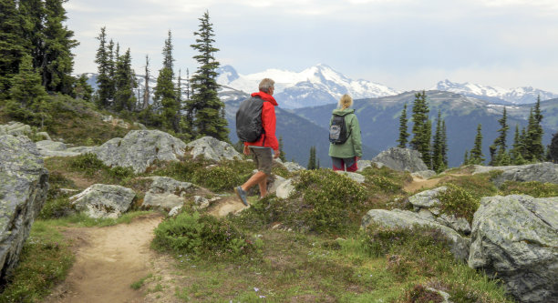 一对夫妇徒步穿越高山草地图片下载