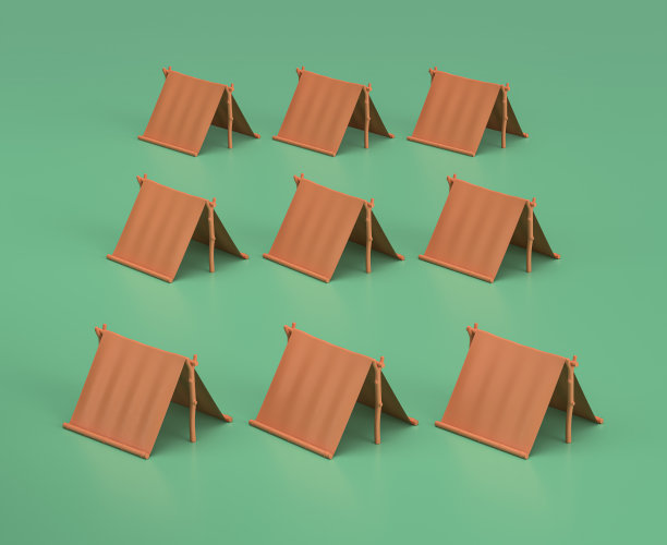 等距露营帐篷，露营对象和场景，单色黄色露营设备在绿色背景，3D渲染图片下载