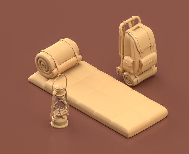 地面上的睡袋、背包和灯笼：露营之夜2.5D场景图片下载