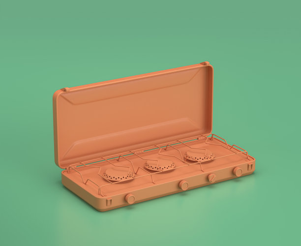 等距野营炉，绿色背景上的单色黄色野营设备，3D渲染图片下载