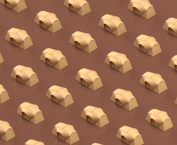 等距露营帐篷，露营对象和场景，单色黄色露营设备在棕色的背景，3D渲染图片下载