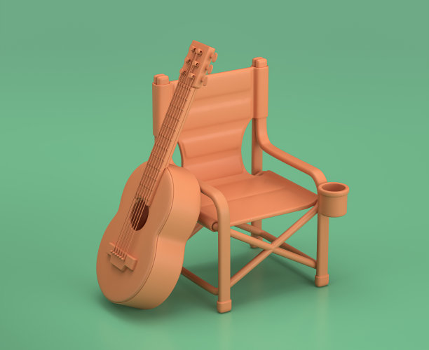 单色折叠椅，绿色背景吉他，3d渲染，黄色露营物品，制作音乐图片下载