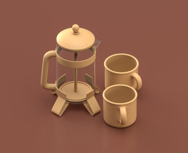 棕色背景上的法式滤压壶和两个马克杯，单色扁平风格，3D渲染，露营装备图片下载