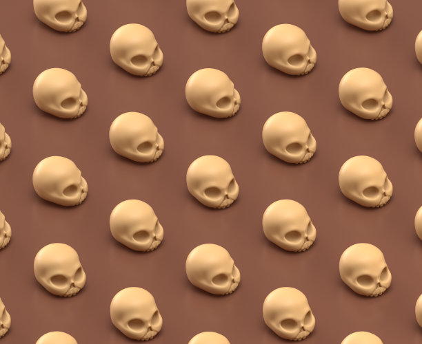 地面上等距的人类头骨和骨骼，棕色背景上的单色黄色，3D渲染，危险的极限运动，考古图片下载