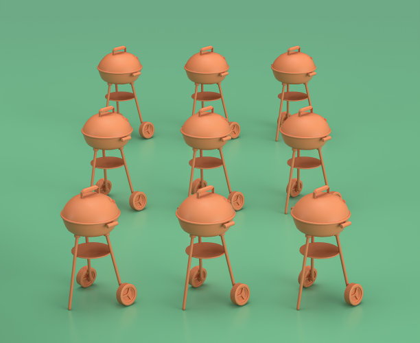 等距露营烧烤，单色黄色露营设备上的绿色背景，3D渲染图片下载