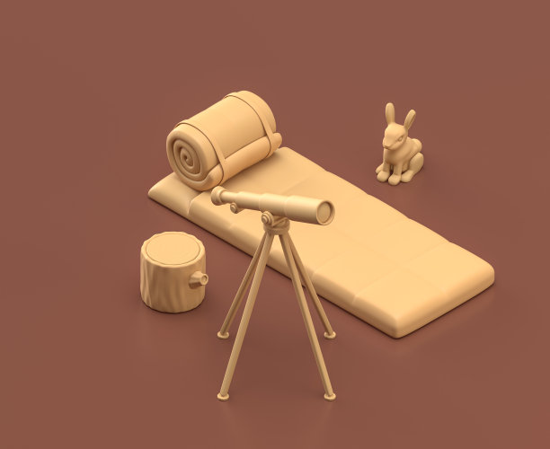 用小型望远镜在户外观察天空，棕色背景下的芥末色单色户外设备3D渲染图片下载