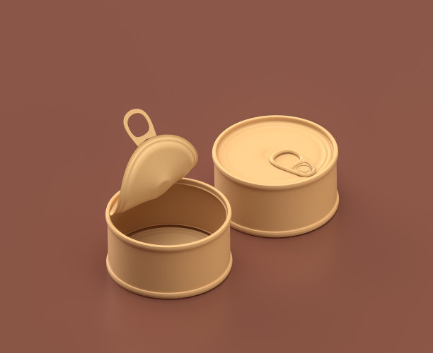 等距金枪鱼罐头，露营对象和场景，单色黄色露营设备在棕色的背景，3D渲染图片下载