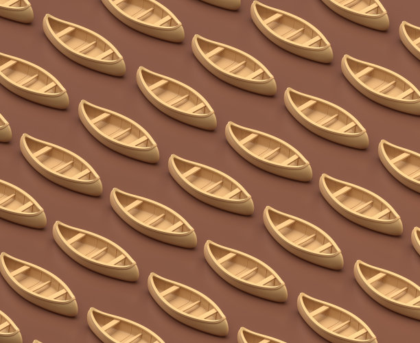 等距独木舟，棕色背景上的单色黄色露营设备，3D渲染图片下载