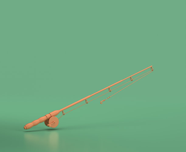 等距钓鱼杆露营对象和场景。绿色背景上的单色黄色露营设备，3D渲染图片下载