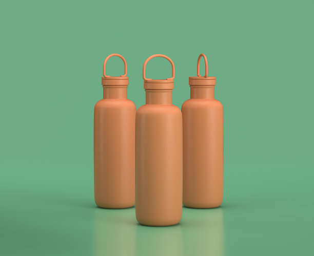 绿色背景上的三个金属罐，单色单色，3d渲染，露营设备图片下载