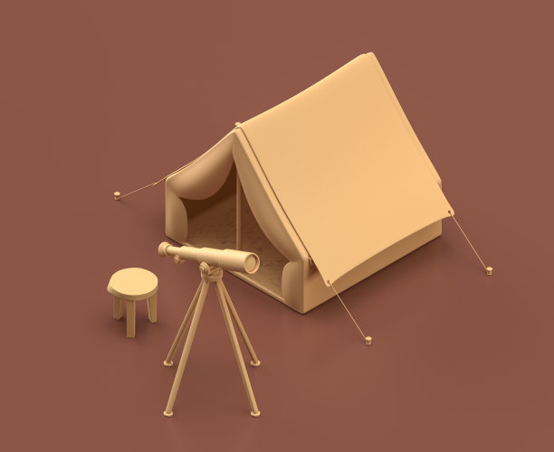 观察外面的天空与帐篷在棕色的背景，3d渲染，芥末色的露营对象，望远镜图片下载