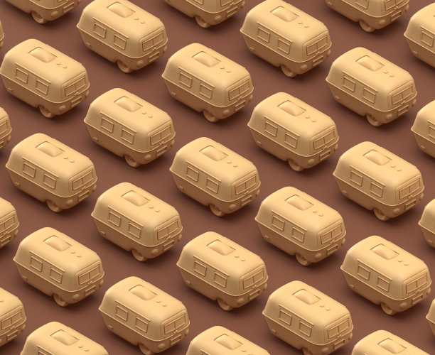 等距露营大篷车，棕色背景上的单色黄色露营设备，3D渲染图片下载