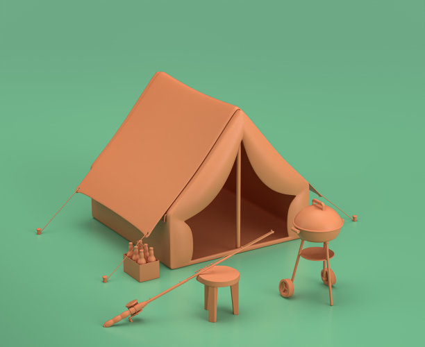 单色帐篷与鱼竿和木炭烧烤在绿色背景，三维渲染，黄色露营对象，狩猎对象图片下载