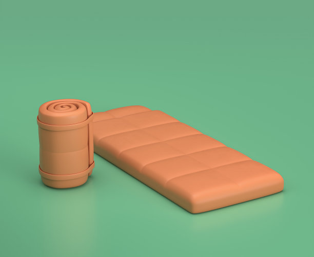 等距睡袋，露营对象和场景，单色黄色露营设备在绿色背景，3D渲染图片下载