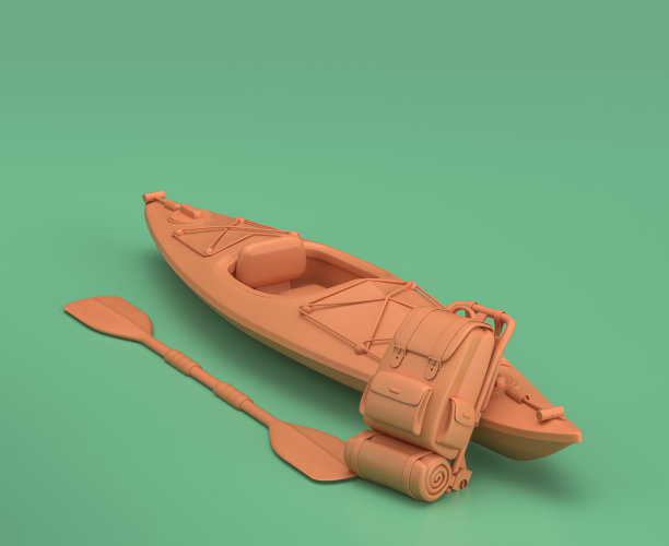 单色背包和皮艇，准备出发，绿色背景，3d渲染，黄色露营对象，钓鱼对象图片下载