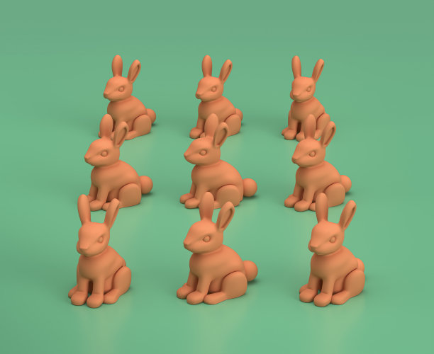 等距兔单色黄在绿色背景，3D渲染图片下载