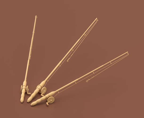 等距钓鱼杆露营对象和场景。单色黄色露营设备在棕色背景，3D渲染图片下载