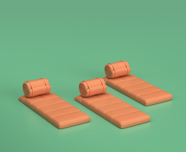 等距睡袋，露营对象和场景，单色黄色露营设备在绿色背景，3D渲染图片下载