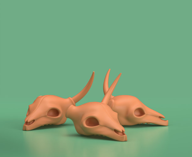 等距鹿颅骨在地上。绿色背景上的单色黄色露营设备，3D渲染图片下载